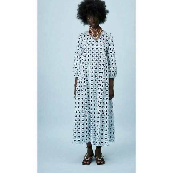 ZARA Print Dress Blue Geometry Print Long Sleeves - Picture 12 of 13